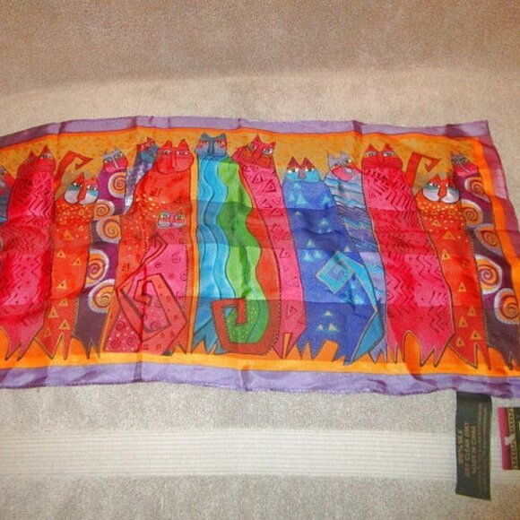 Vtg Laurel Burch Silk Scarf Fantastic Felines Rainbow Cat Kitty Art To Wear NWT - Picture 9 of 11